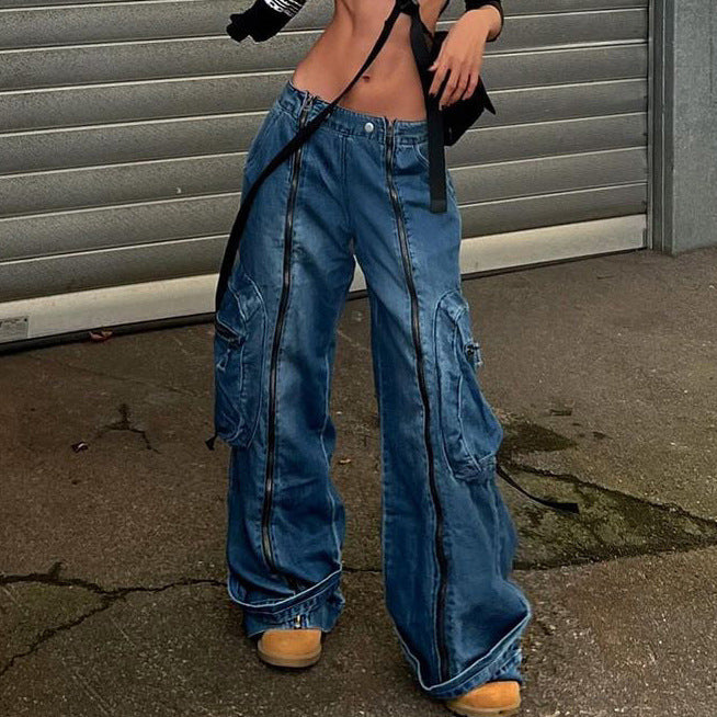 Women's Low Waist Wide Leg Denim Jeans with Zipper - Blue, S-L