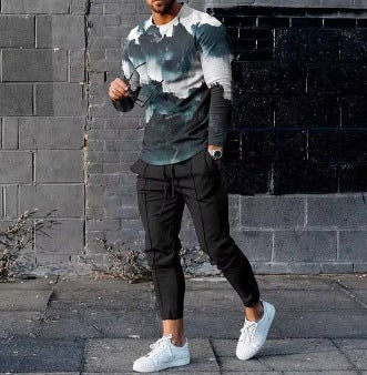 Men's Ethnic Style Printed Long Sleeve Trousers Suit Cotton Blend