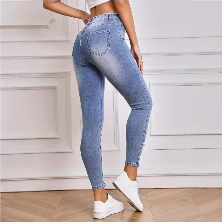 Women's High Waist Stretch Denim Skinny Jeans with Pearl Rips and Tassels