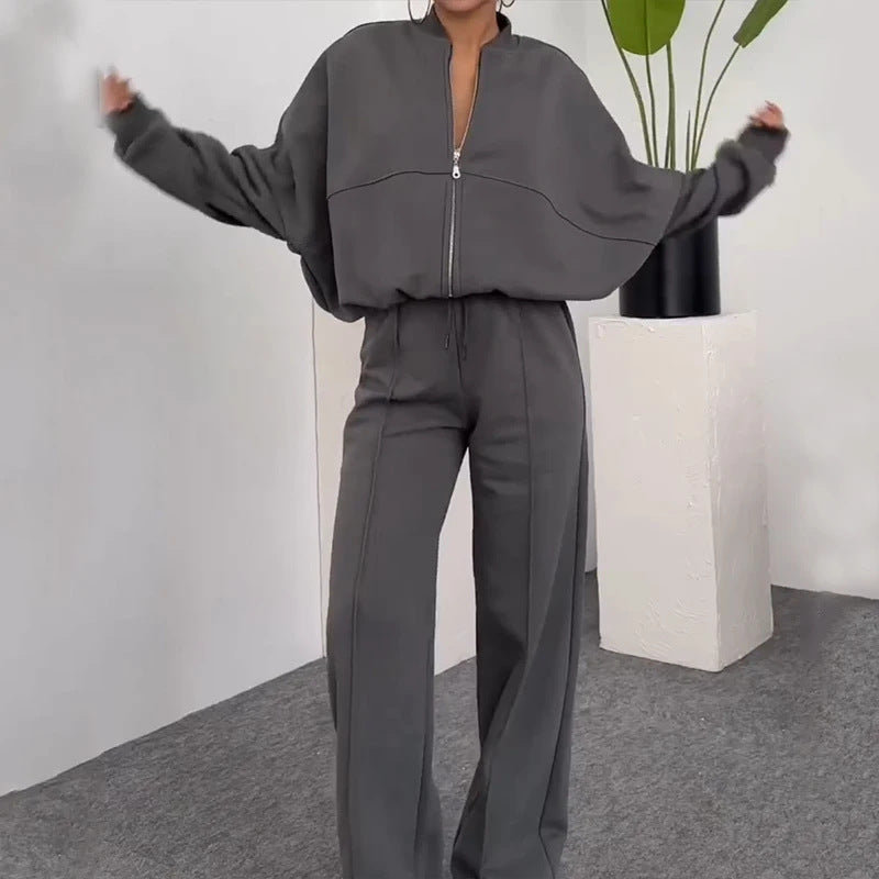 Solid Color Gray Polyester Zip Sweater & Casual Trousers Suit for Women