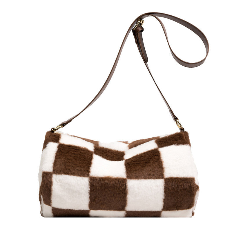 Ladies Winter New Plush Flower Check Bucket Bag