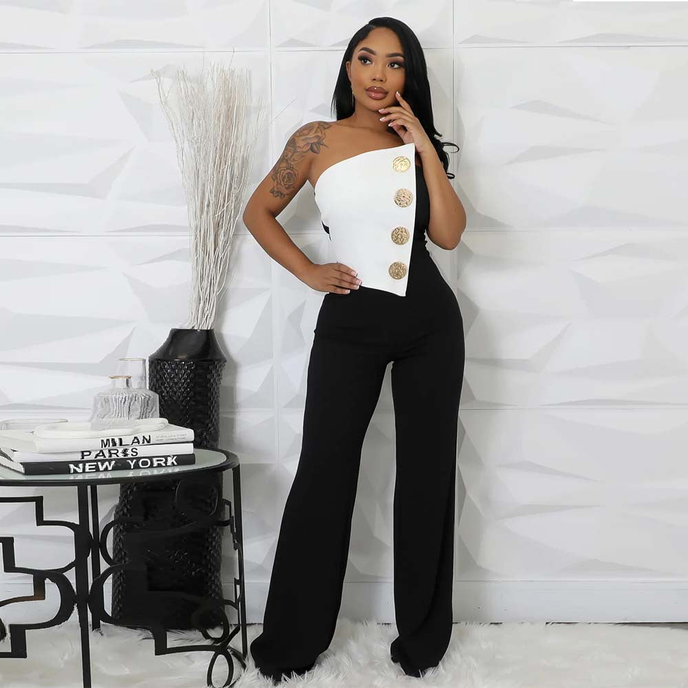 Women's Black and White Sleeveless Button Jumpsuit Mid Waist