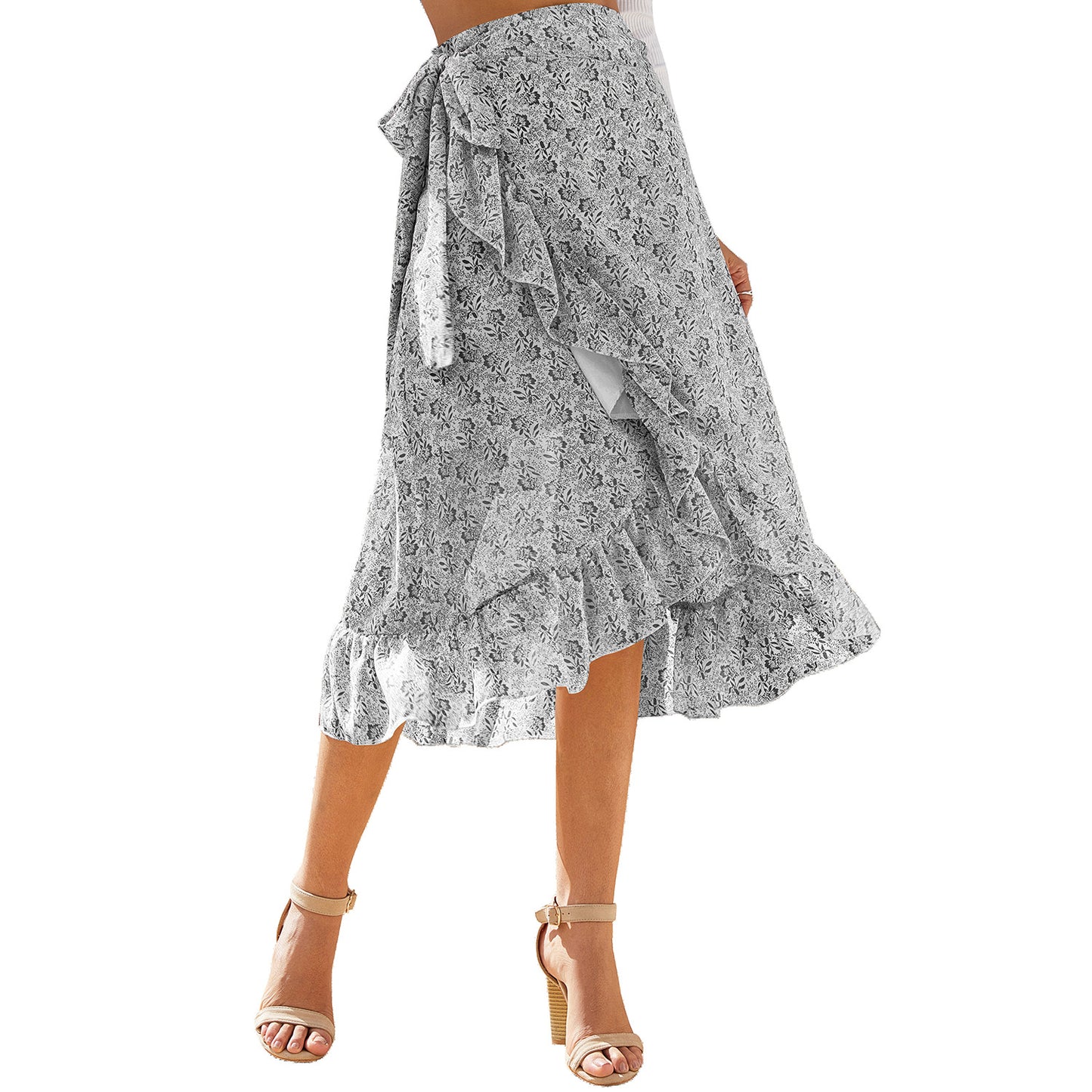 Women’s High Waist Black Floral Chiffon Wrap Ruffle A-Line Skirt Spring Summer