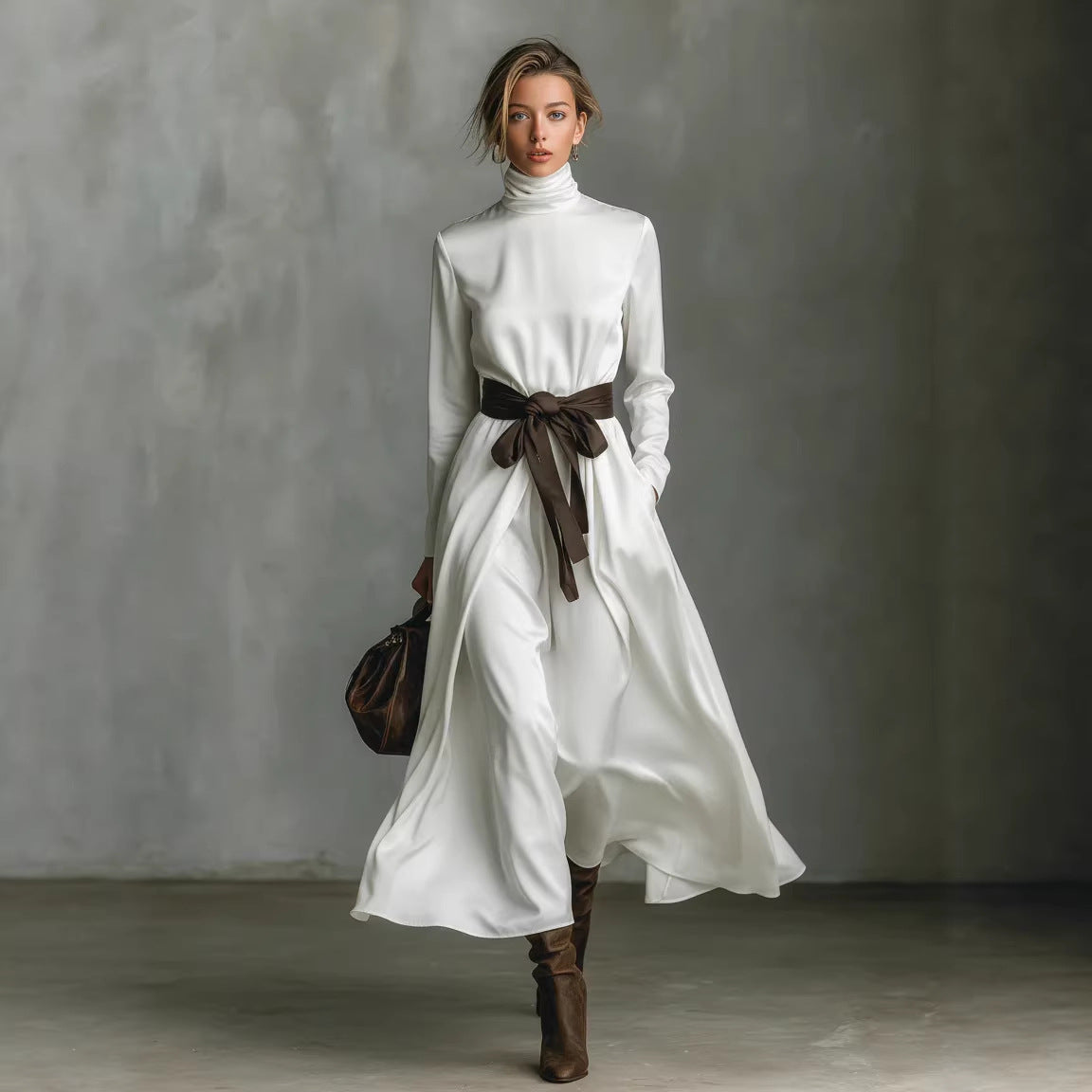 Robe mi-longue à manches longues avec ceinture contrastante