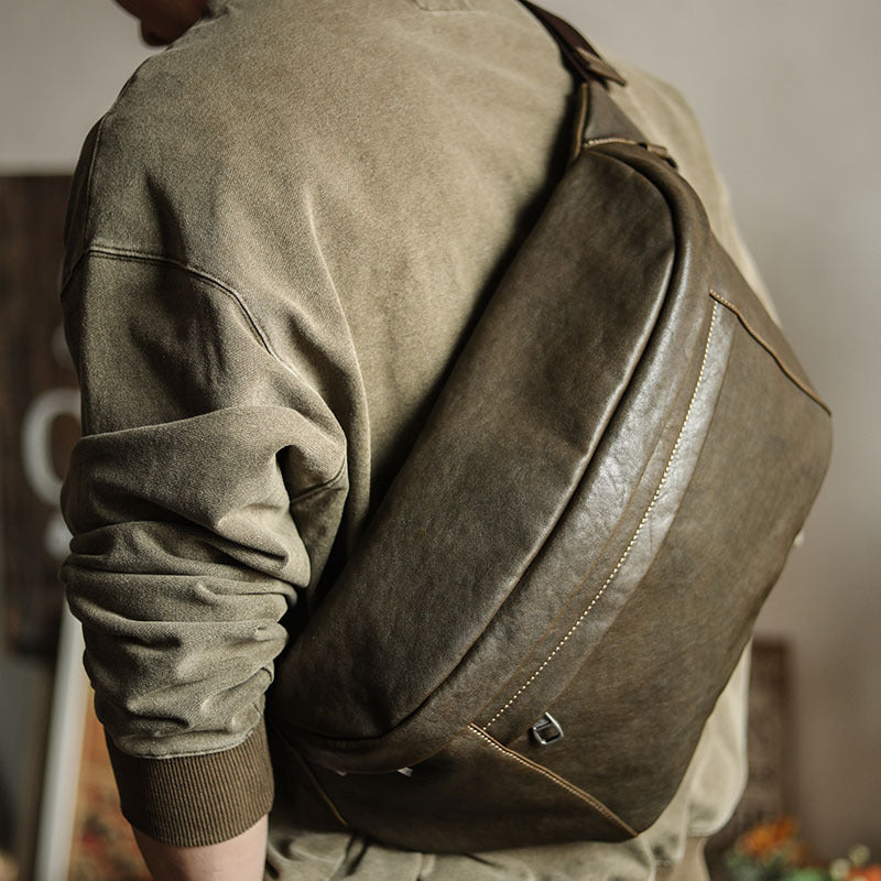 Sac bandoulière vintage en cuir de vachette grande capacité pour homme avec fermeture éclair