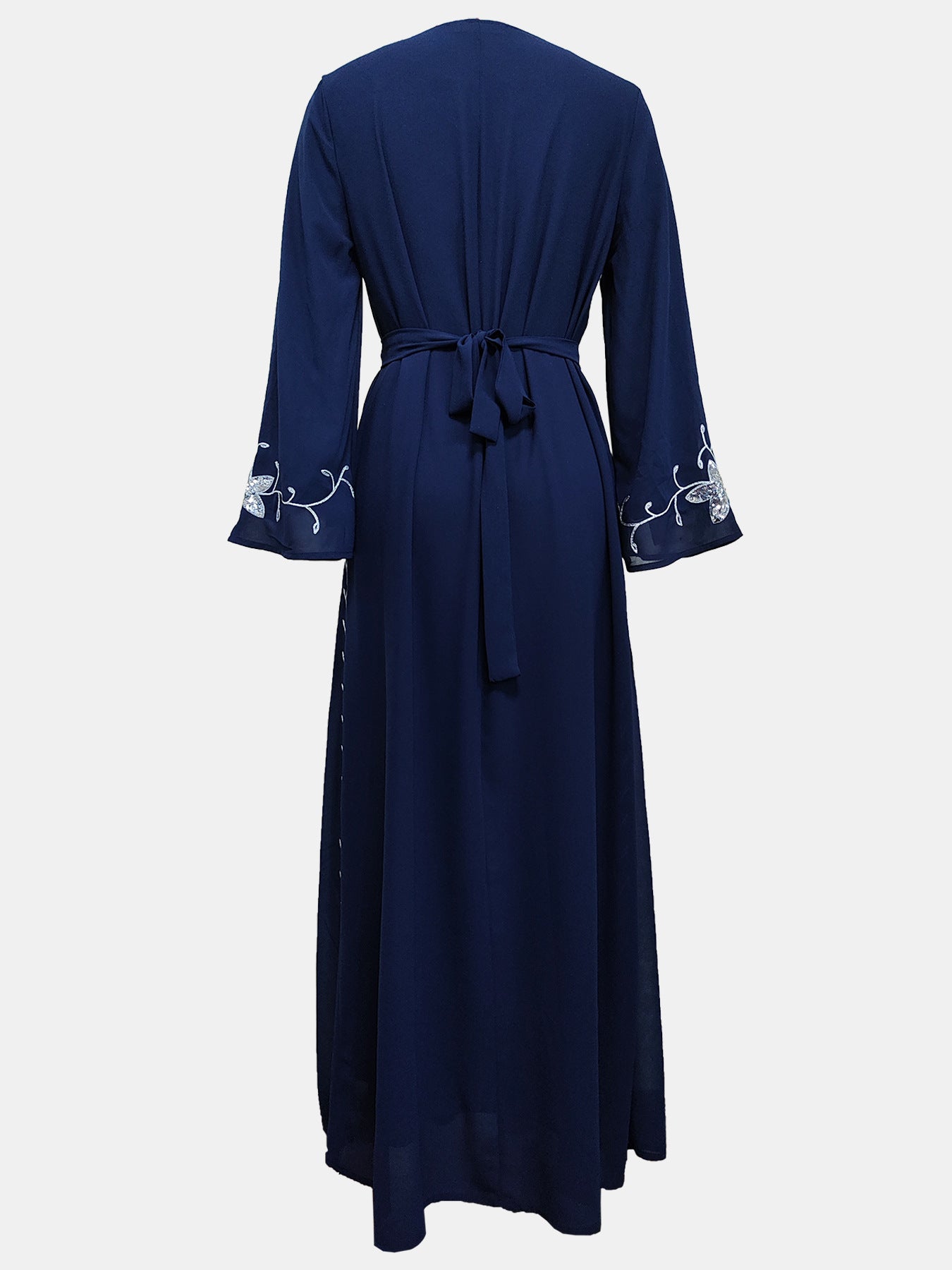 Robe de soirée élégante à broderies et appliqués avec ceinture, manches longues, jupe longue