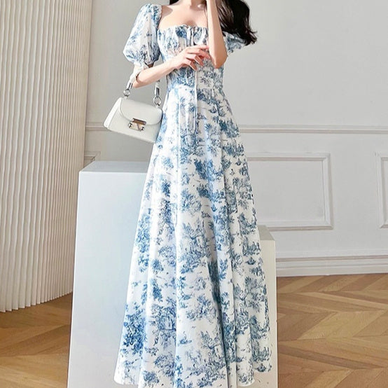 Vintage Floral Square Collar Puff Sleeve Dress in Sky Blue
