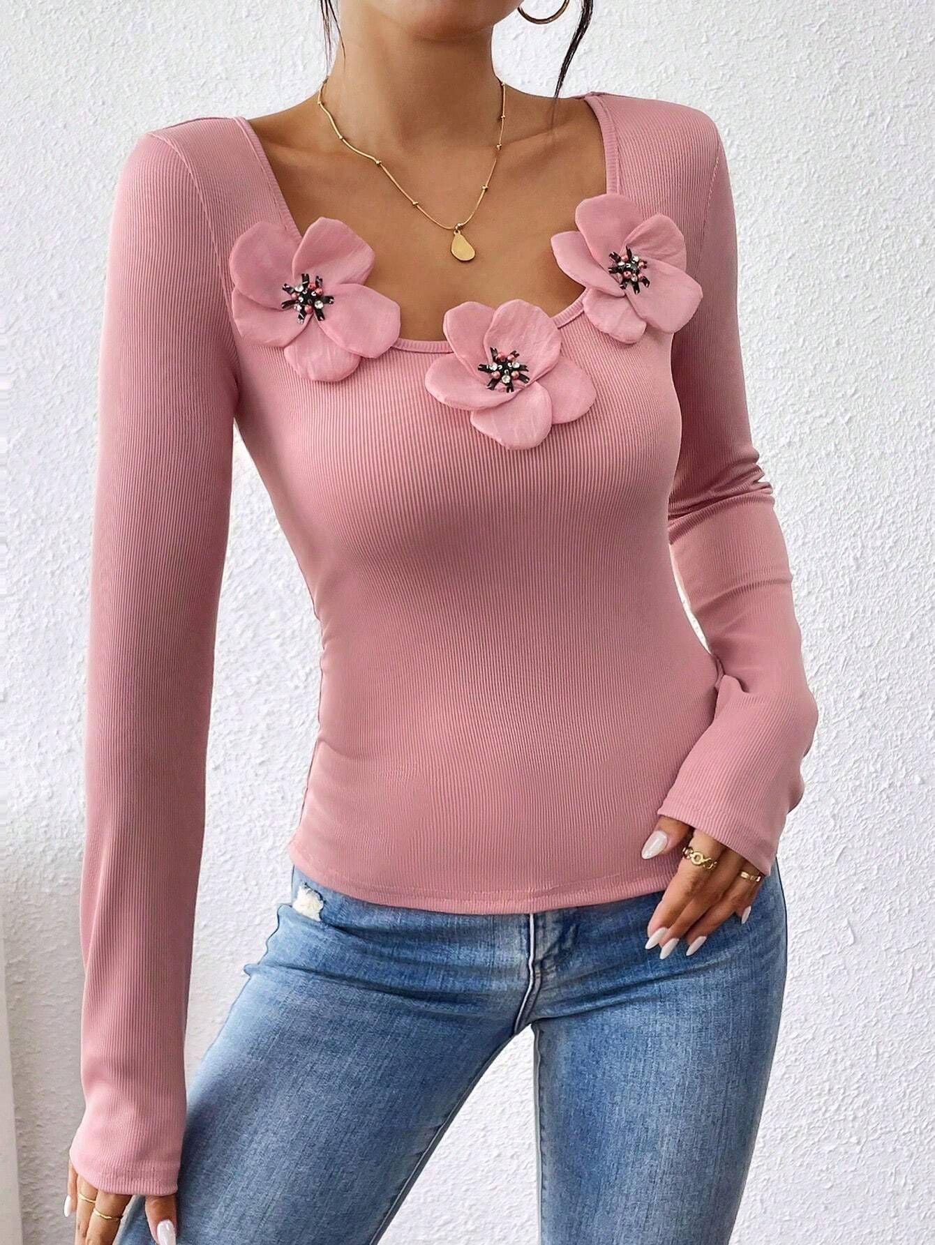 European & American Casual Slim Fit Pink Scoop Neck Knitted Top