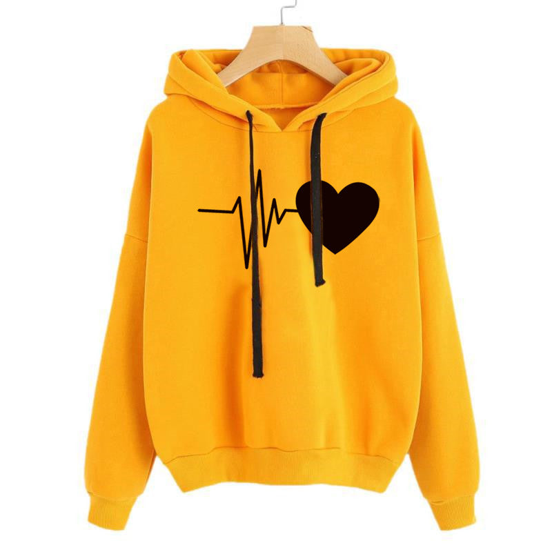 Sweat à capuche streetwear pour femme à imprimé cœurs, manches longues, pull, printemps-automne