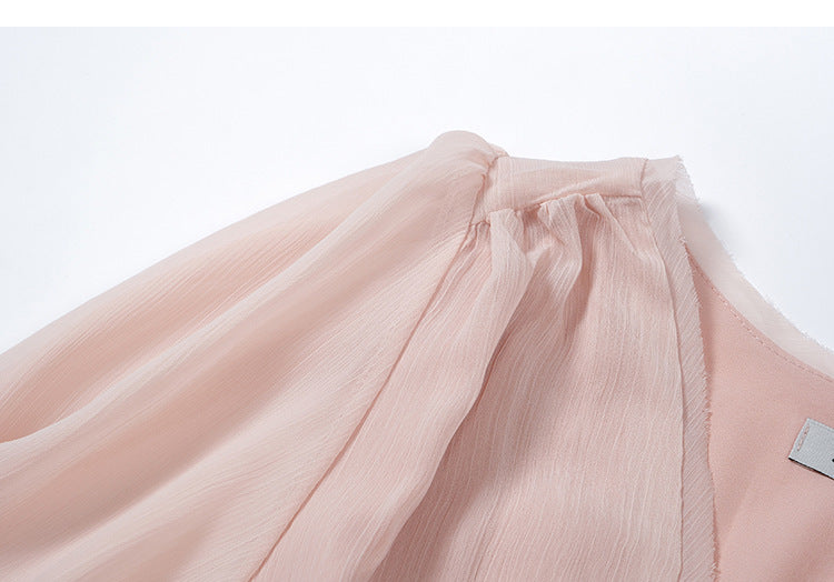 Women's Pink V-Neck Lace-Up Chiffon Lantern Sleeve Dress
