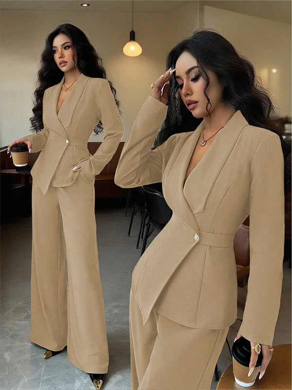 Women's Long-Sleeve Suit Jacket with Straight-Leg Pants Set