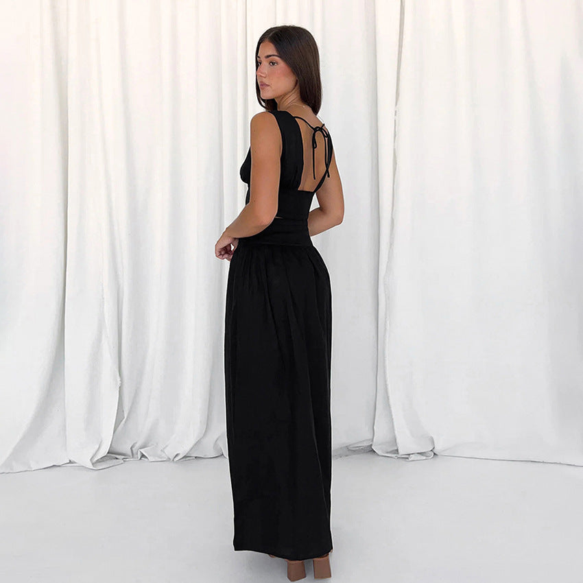 Black Cotton Linen Vest High Waist A-Line Dress Two-Piece Set for Women