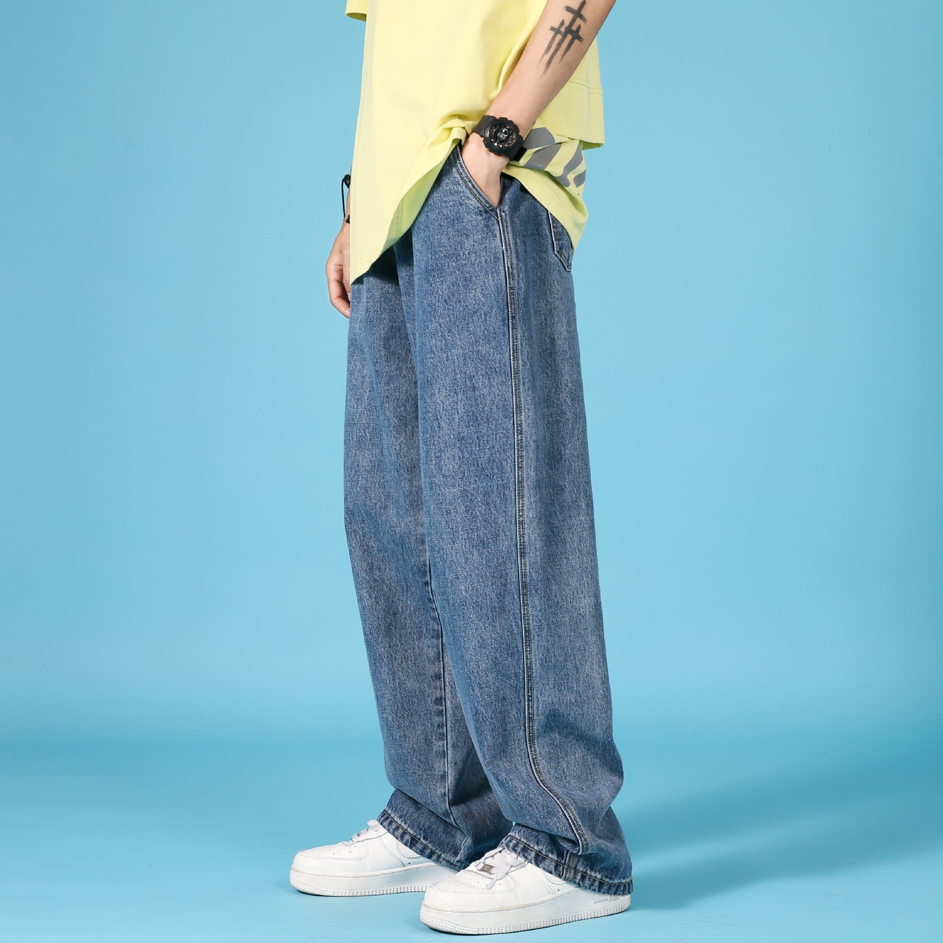Jeans droits amples pour hommes avec fermeture éclair - Bleu clair, Noir, Bleu, Gris anthracite