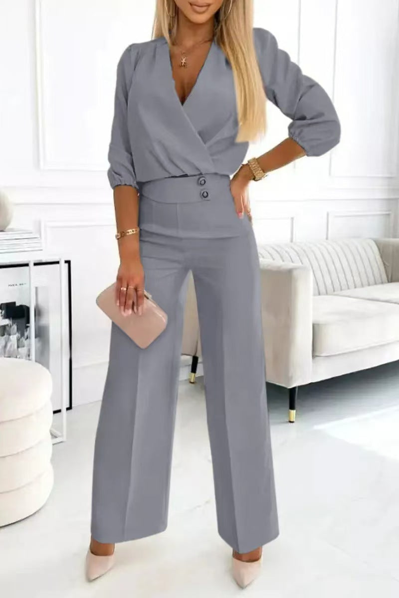 Women's Solid Color And V-neck Two-button 2-piece Trousers Suit