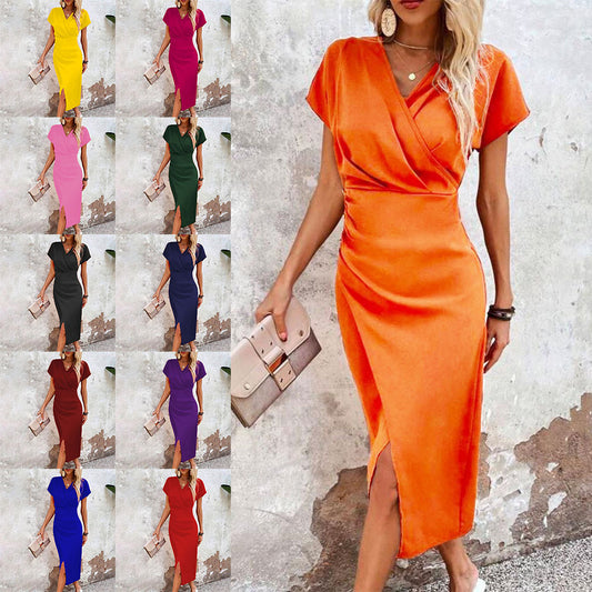 Slim-Fit Short-Sleeve V-Neck Summer Dress with Sexy Split