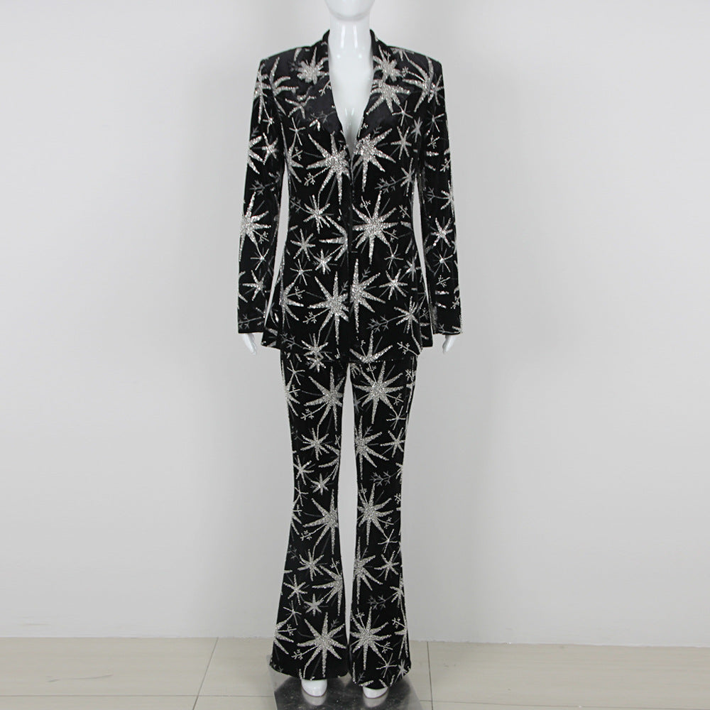 Fashion Women's Black Polyester Starfish Long Sleeve Three-Piece Suit S-XL