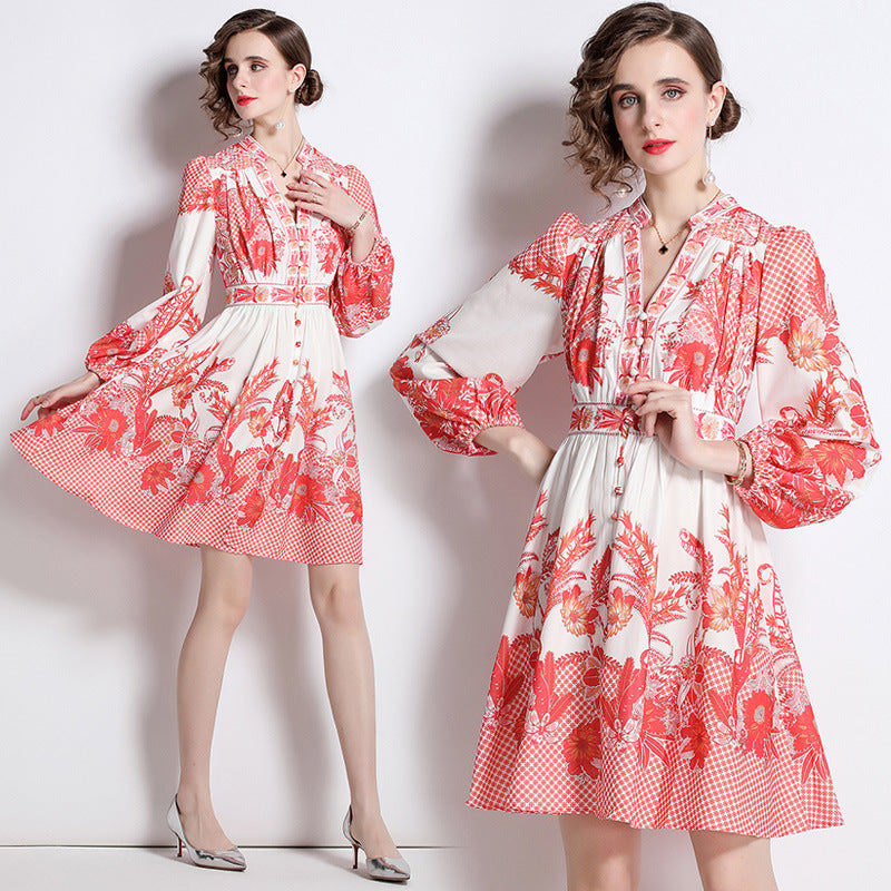 Women's Elegant Retro Print Lantern Sleeve Neck Waist Dress