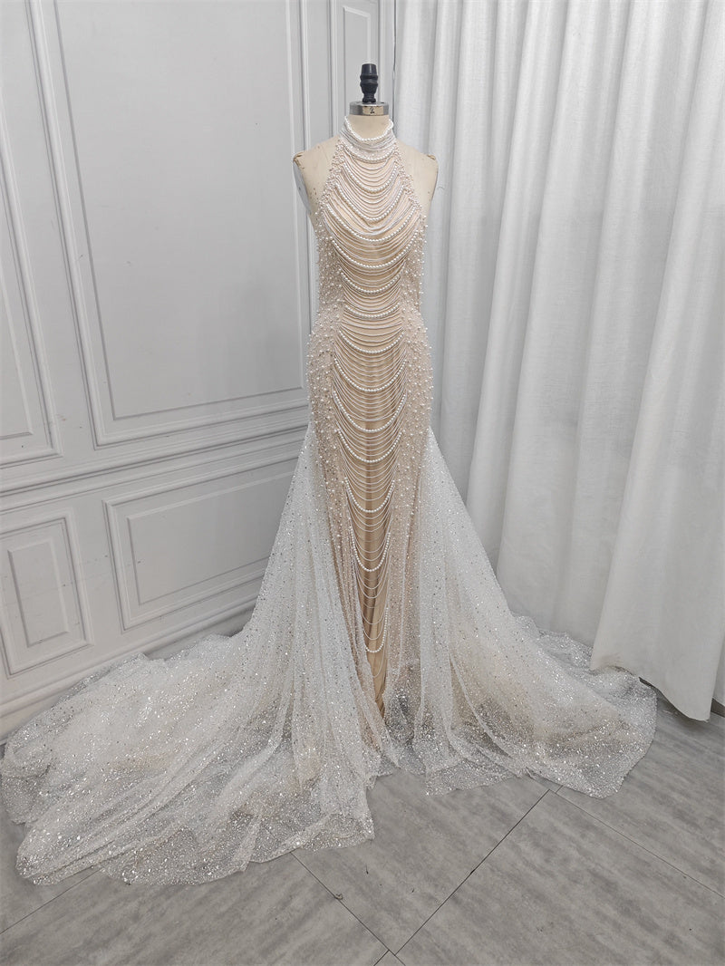 High-Waisted Milky White Fishtail Dress with Pearl Beads for Ladies