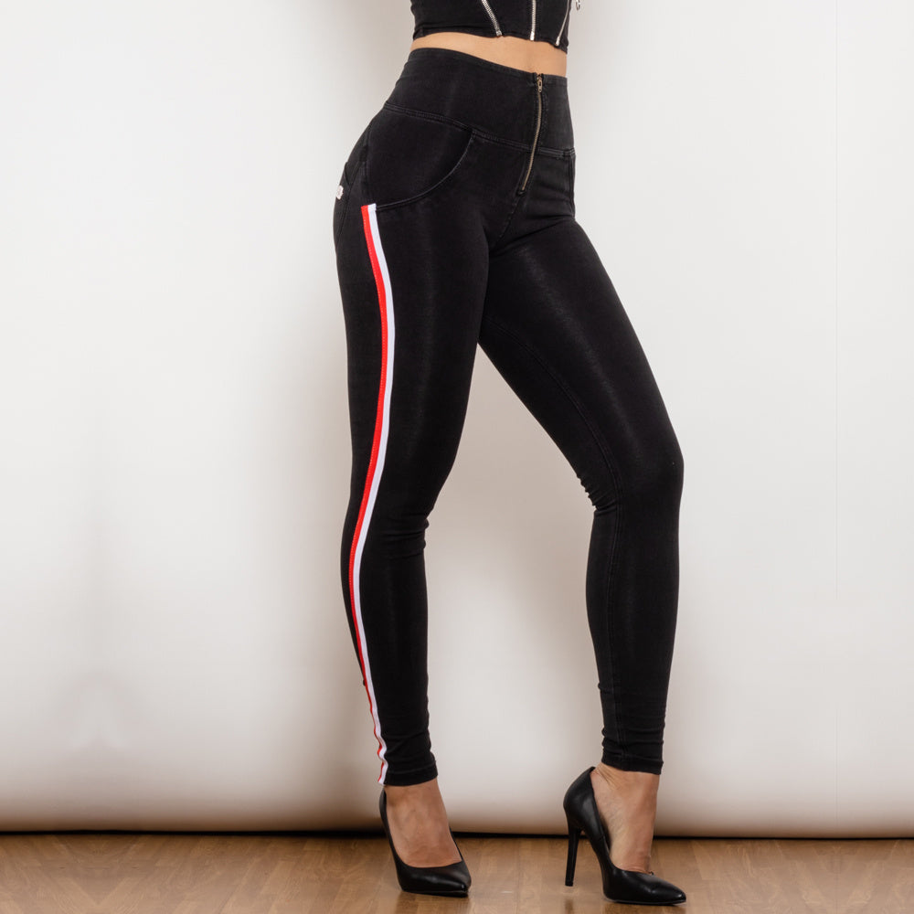 Shascullfites Melody Women's Black Stretch Pencil Jeans Butt Lift Striped Detailing Slim Fit Denim Jeggings