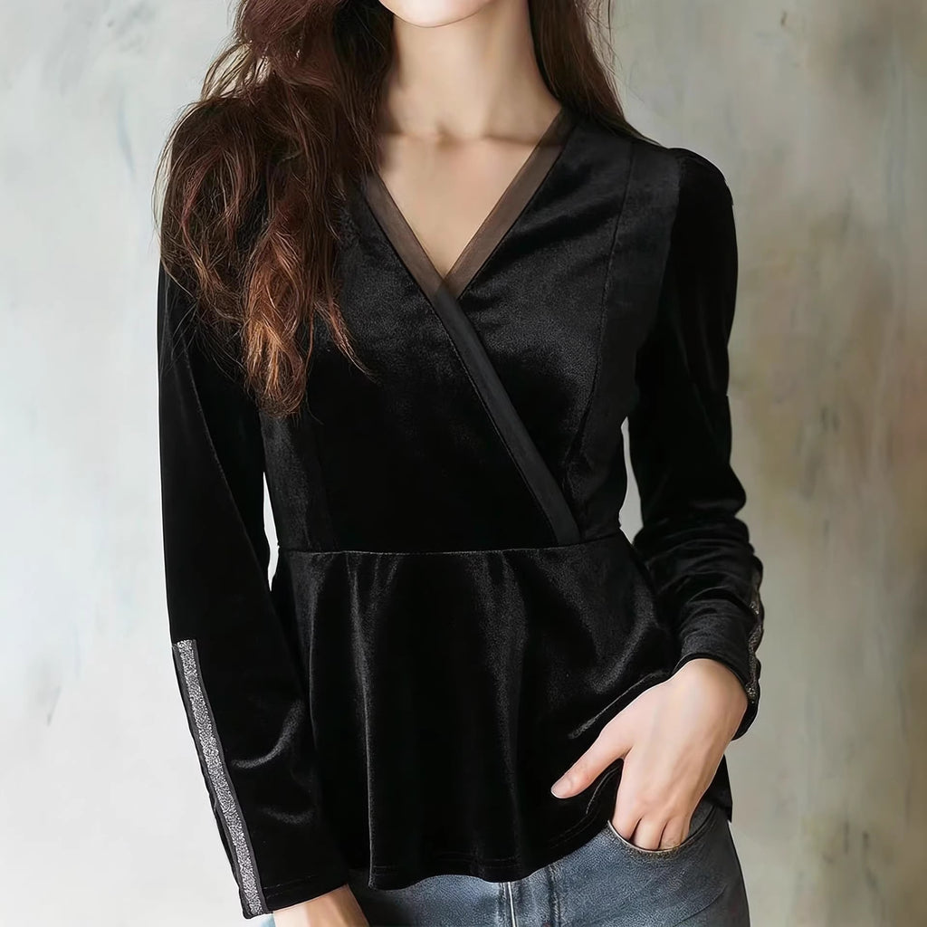 Haut en velours noir à col en V, taille cintrée et manches longues pour femme