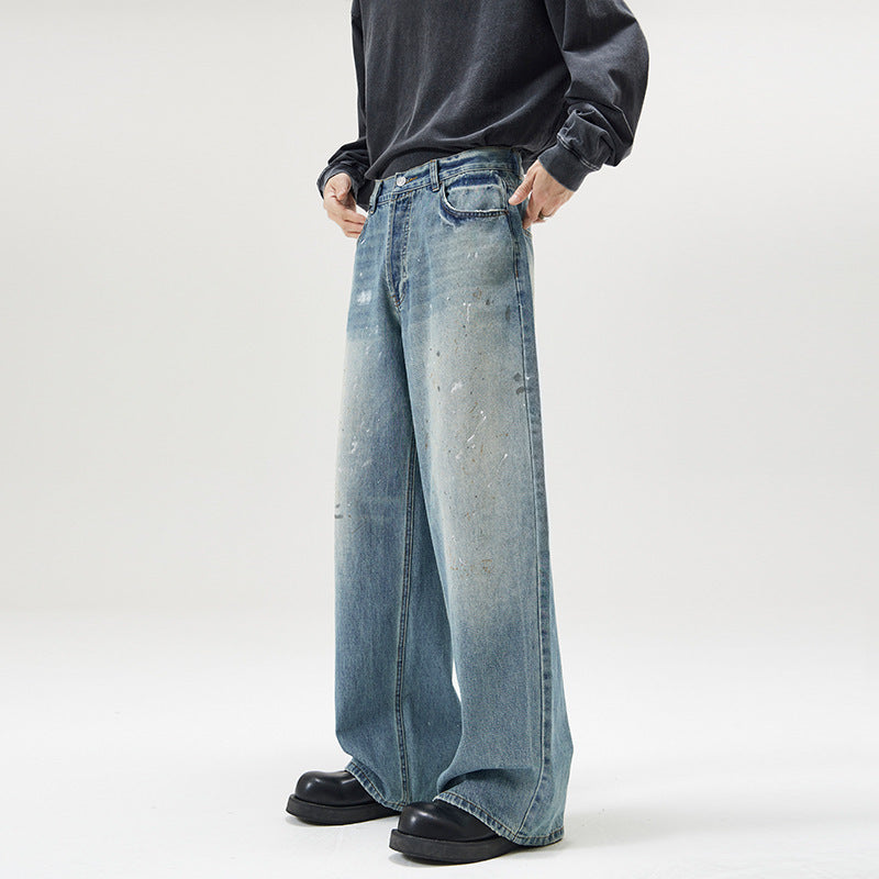 American-Style Ice Blue Washed Loose Denim Jeans