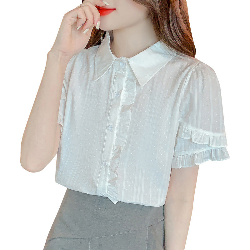 Sweet Design White Cotton Blend Ruffled Short Sleeve Shirt for Women