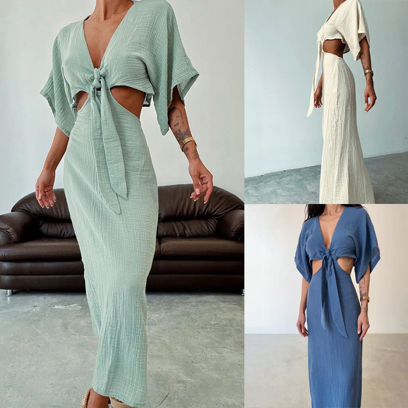 Women's Summer Slim Fit V-Neck Midriff Dress with Hollow Out Design