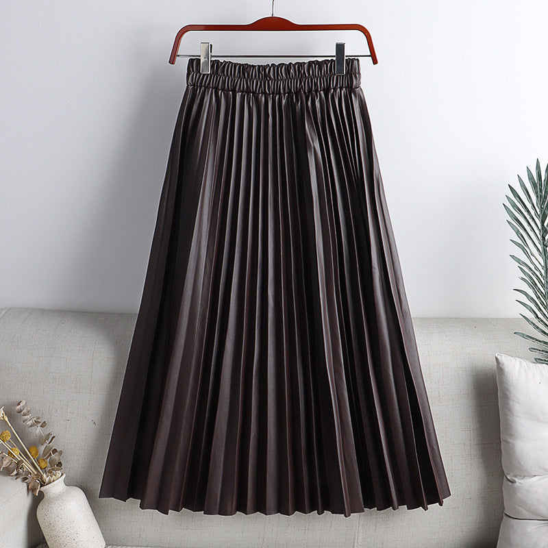 High Waist Mid-Length PU Leather Pleated Skirt for Women Solid Color
