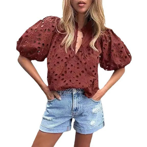 Women's Lantern Sleeve V-Neck Buttoned Hollow Lace Embroidered Shirt