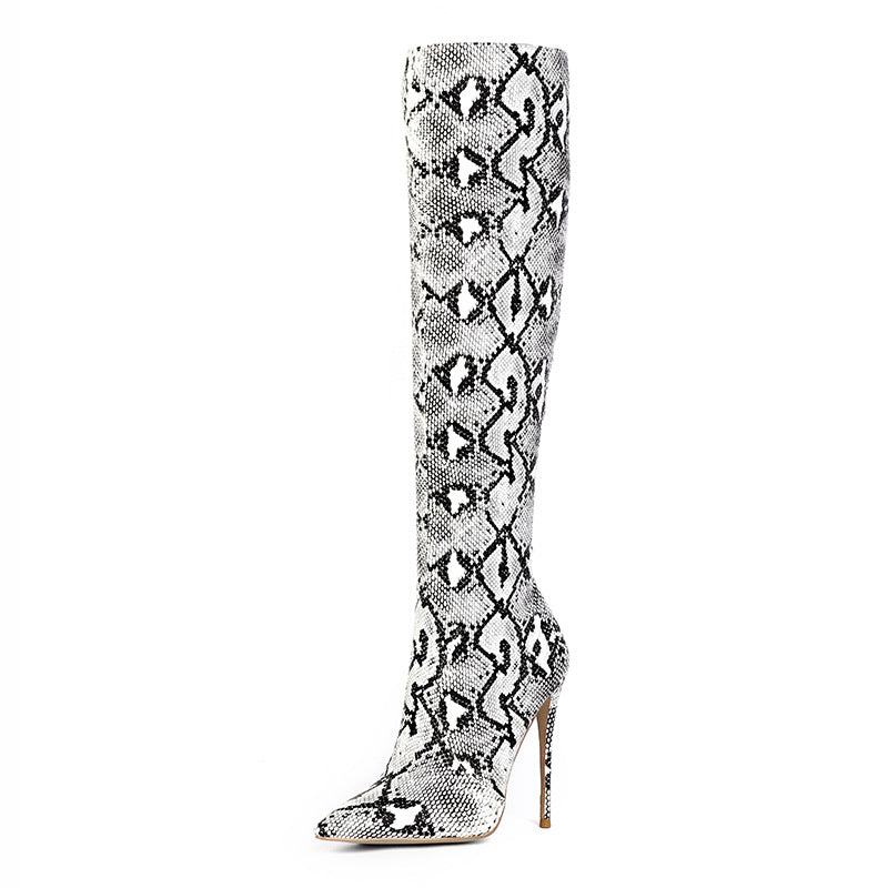 Spring Autumn Snake Pattern High-Top Stiletto Heel Boots with Side Zipper