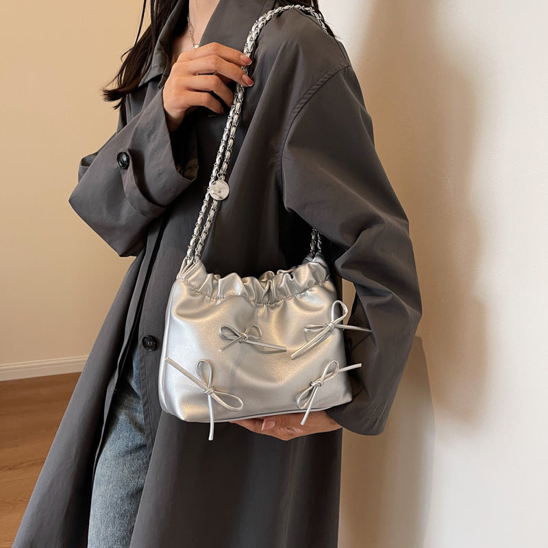 Pleated Design Crossbody Shoulder Bag in Black, White, Silver & Pink