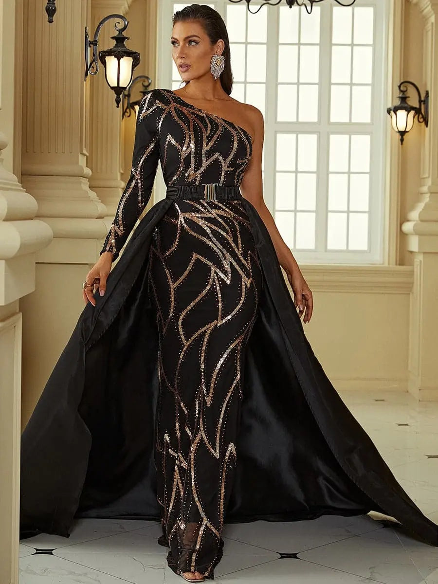 Women's Red Sequined Mid-Waist A-Line Banquet Dress