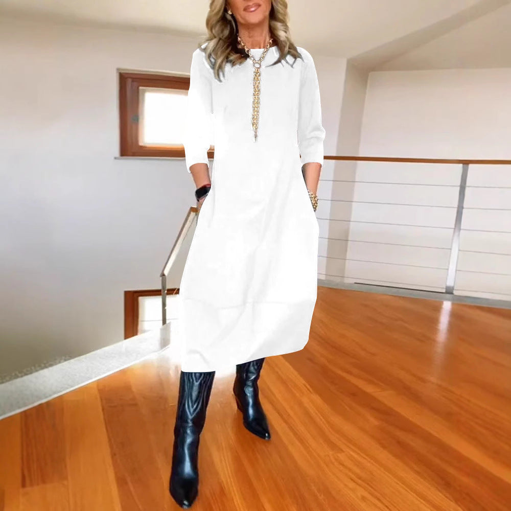 Robe unie ample à col rond et manches longues pour femme – Collection automne-hiver