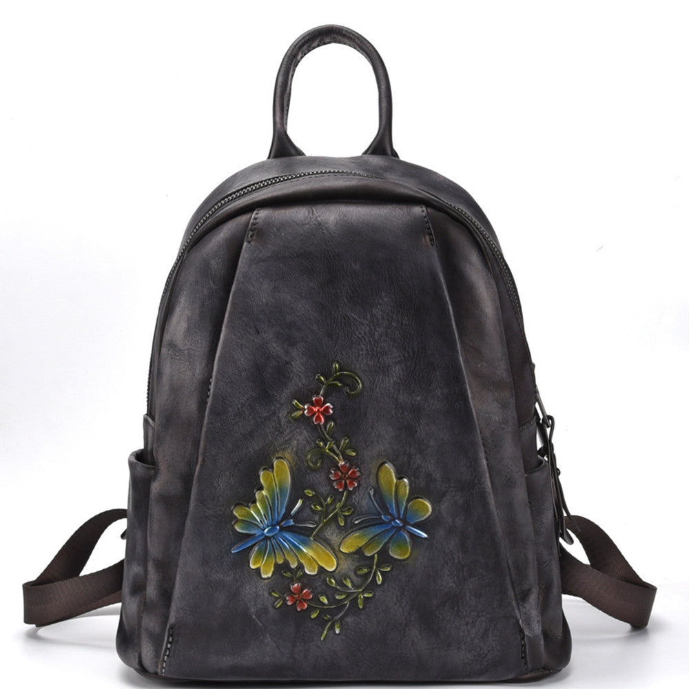 Women's Retro Leather Backpack Medium 20-35L Zipper Closure