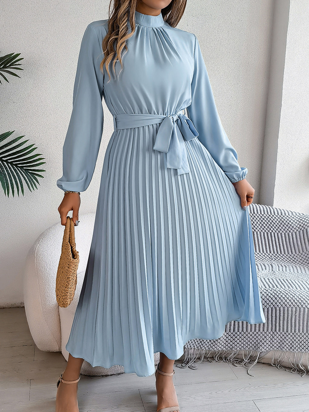 Stand Collar Long Sleeve Cinched Pleated Dress