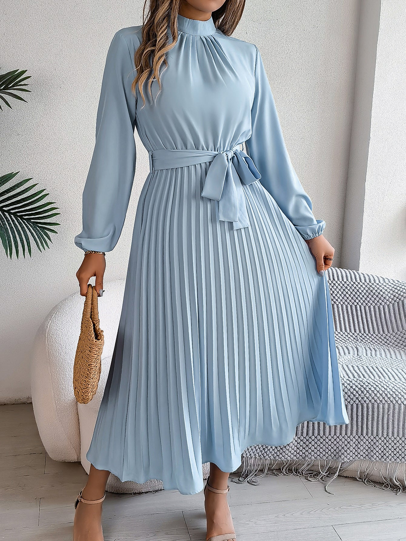 Stand Collar Long Sleeve Cinched Pleated Dress