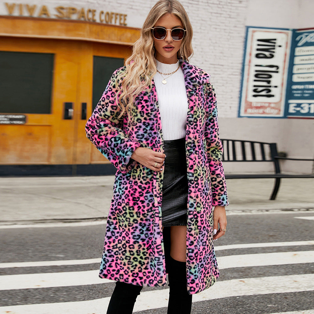 Women's Leopard Print Plush Imitation Fur Lapel Coat