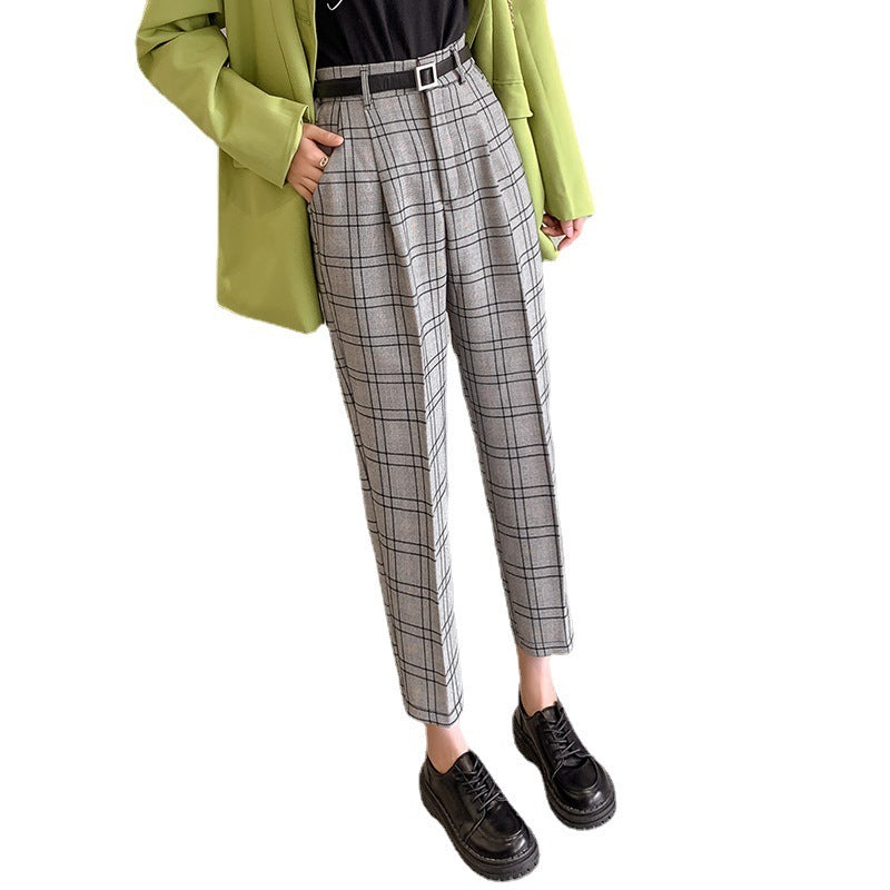 Plaid Loose Fit British Style High Waist Nine-Point Pants for Women