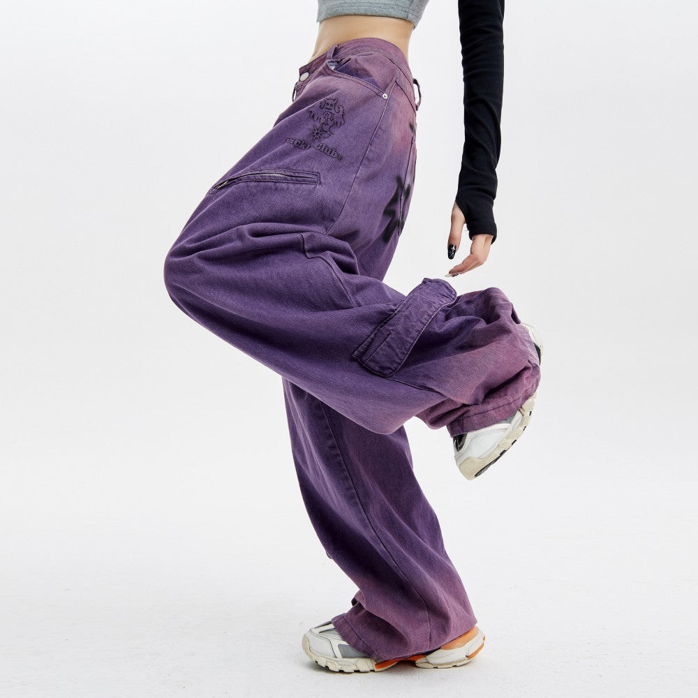 Pantalon large droit en jean enduit violet