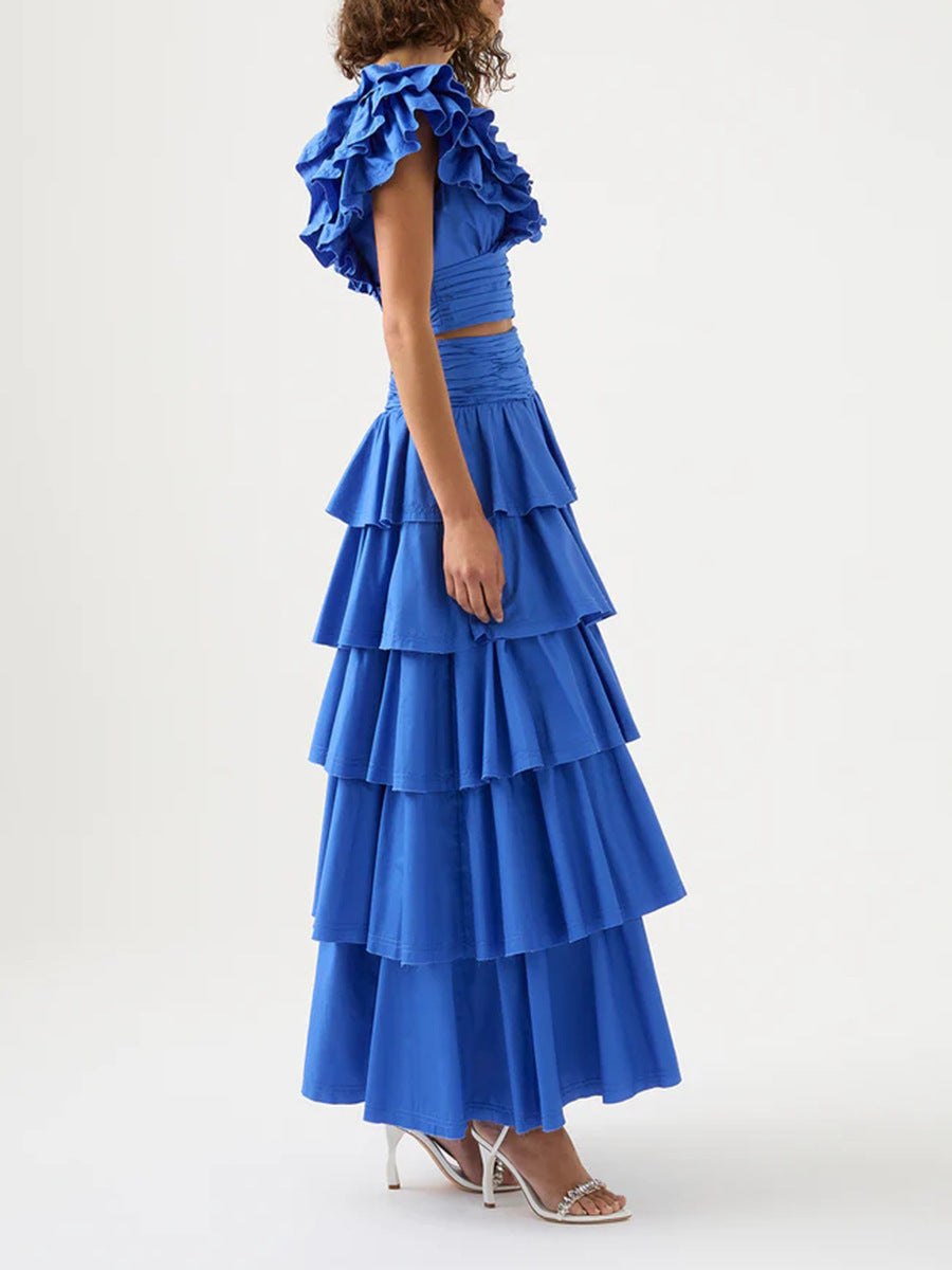 Women's V-neck Lace Short Top High Waist Cake Layer Dress Suit