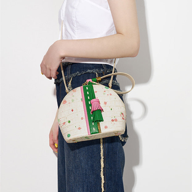 Sac à bandoulière personnalisé en cuir véritable à pompons pour femme en forme de coquille