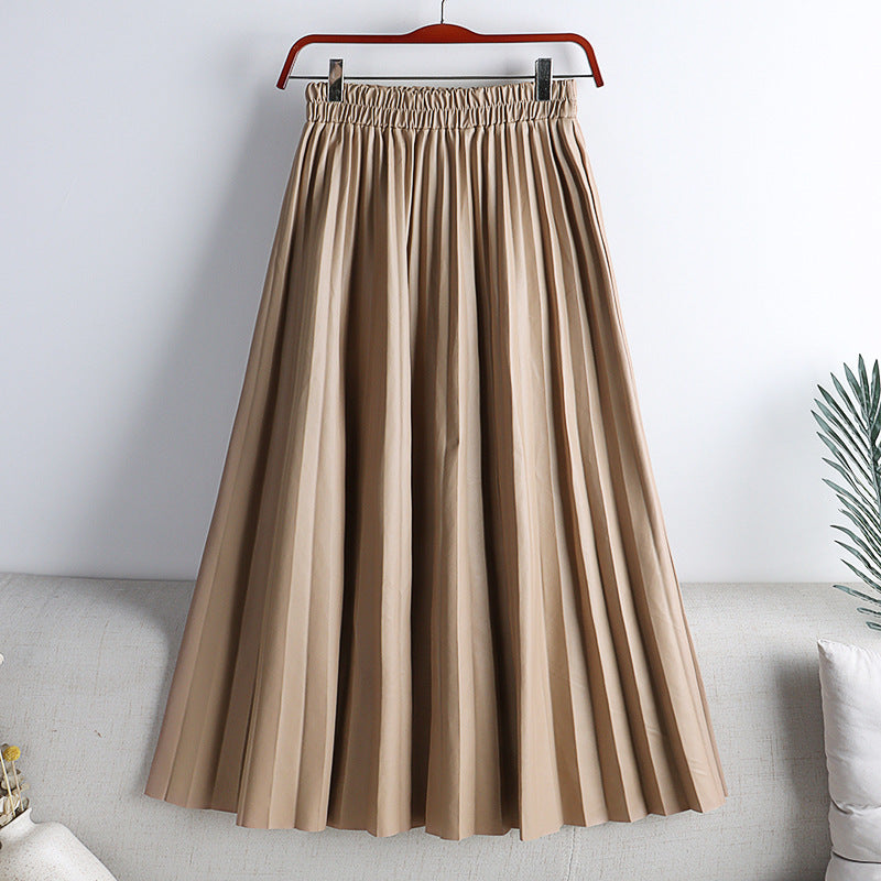High Waist Mid-Length PU Leather Pleated Skirt for Women Solid Color
