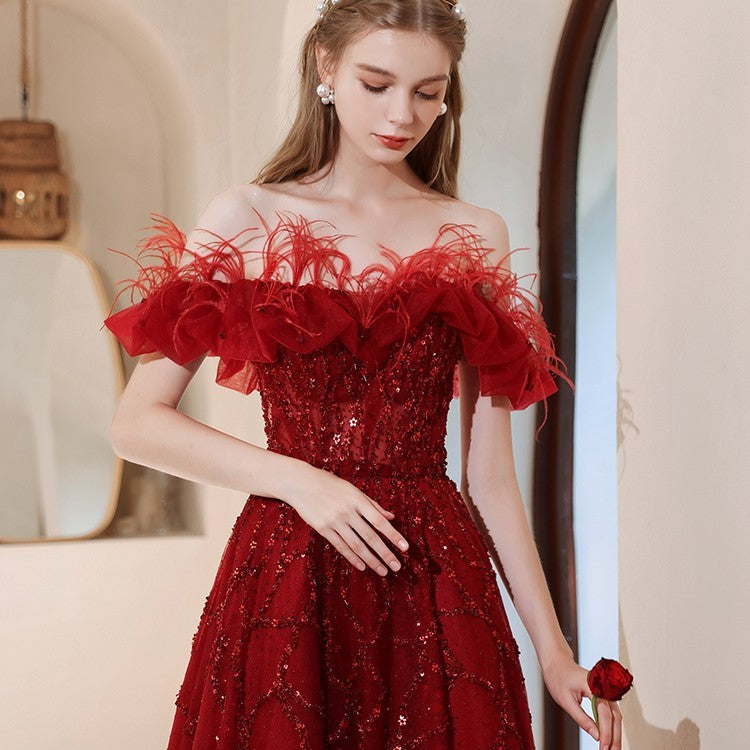 Off-Shoulder Beaded Conference Host Dress in Champagne, Red, or Blue