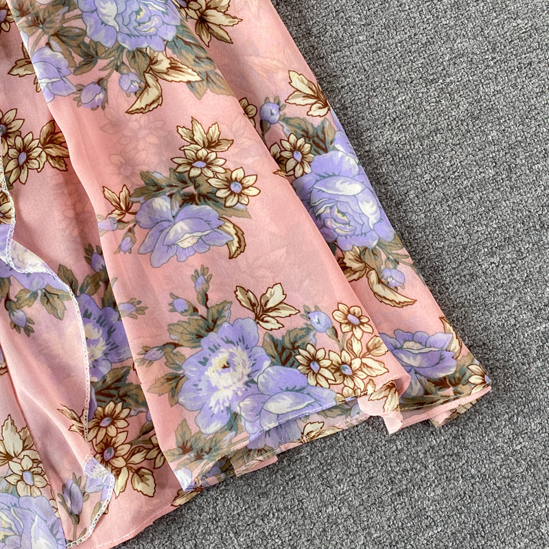 Women's V-Neck Floral Chiffon Dress One Size