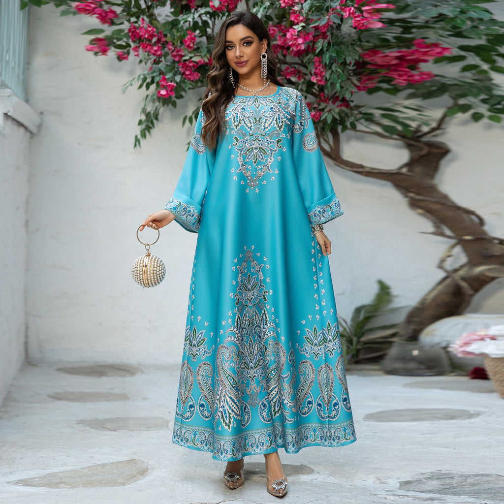 Dubai Printed Muslim Women's Long Sleeve Dress Polyester