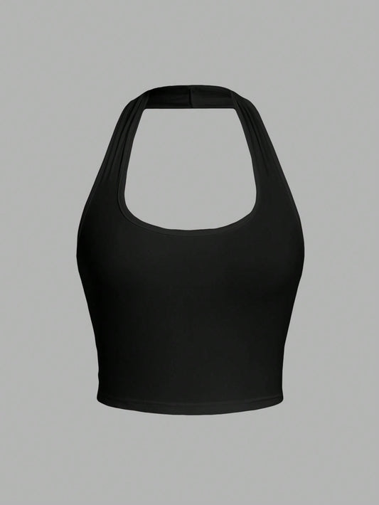 Solid Color Cropped Halter Neck Slim Fit Tank Top For Women