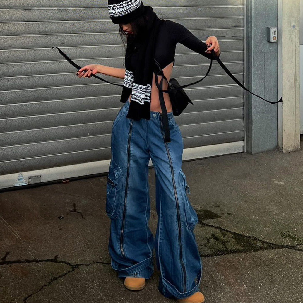 Women's Low Waist Wide Leg Denim Jeans with Zipper - Blue, S-L
