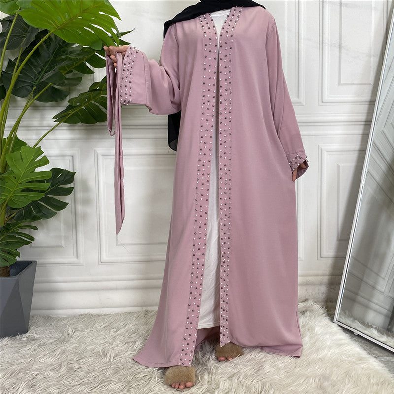 Beaded Lace-Up Cardigan Robe for Middle Eastern Women in Ice Silk
