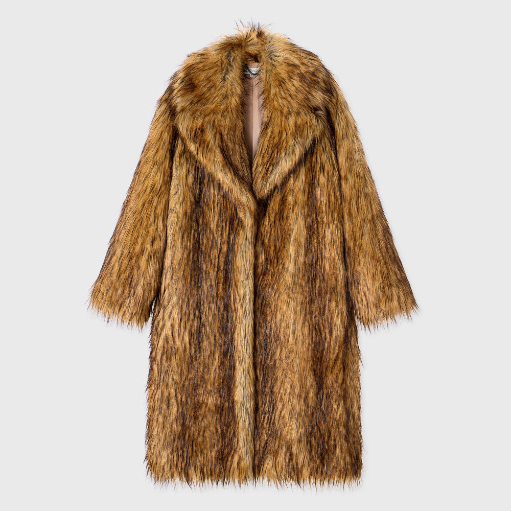 Women’s Autumn Winter Faux Fur Long Warm Wool Coat Brown Chenille