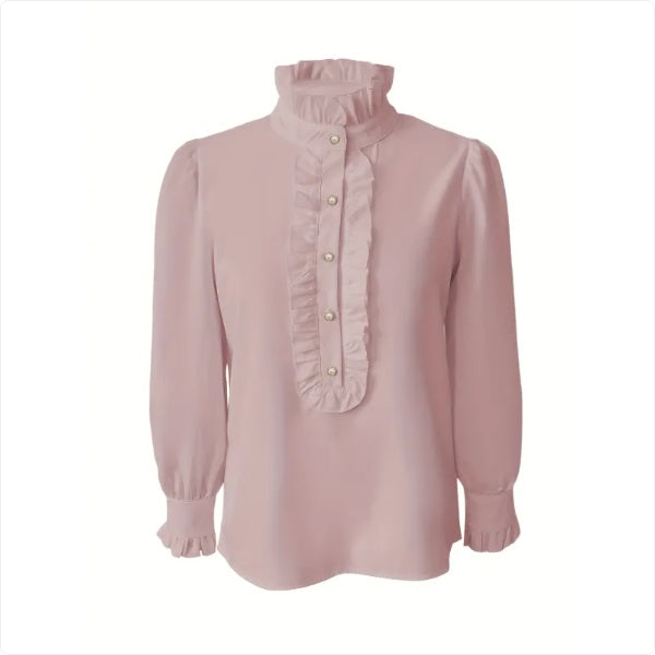 Stand-Up Collar Long-Sleeve Shirt with Lotus Leaf Hem - 100% Polyester